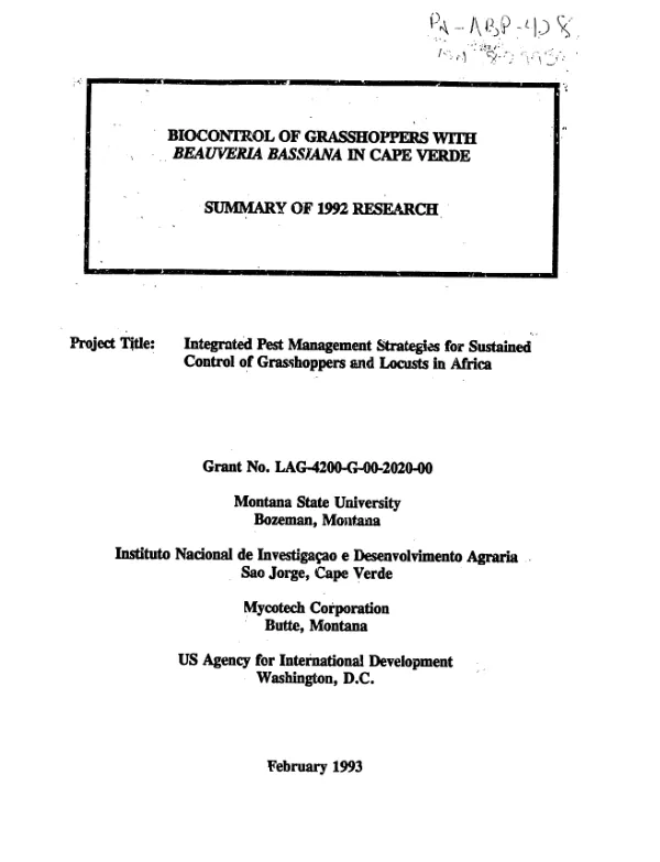 Biocontrol of grasshoppers with Beauveria bassiana in Cape Verde : summary of 1992 research