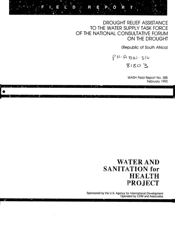 Drought relief assistance to the water supply task force of the national consultative forum on the drought (Republic of South Africa)