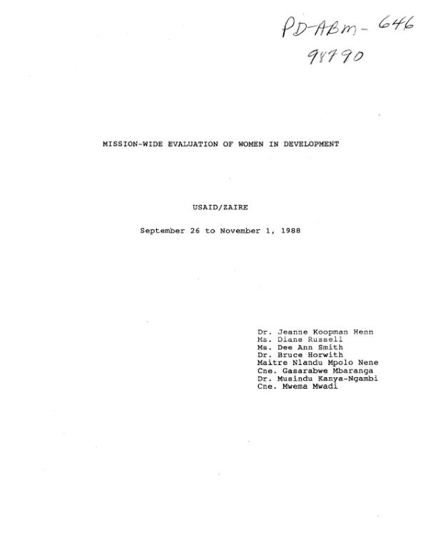 Mission - wide evaluation of women in development : USAID/Zaire -- September 26 to November 1, 1988