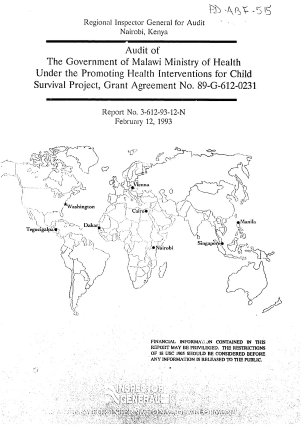 Audit of the Government of Malawi Ministry of Health under the promoting health interventions for child survival project, grant agreement no. 83-G-612-0231