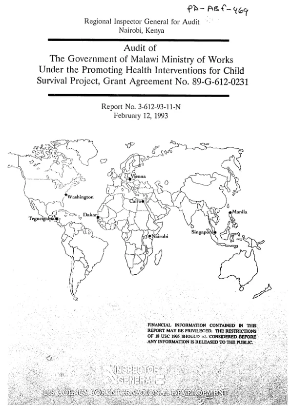 Audit of the Government of Malawi Ministry of Works under the promoting health interventions for child survival project, grant agreement no. 89-G-612-0231