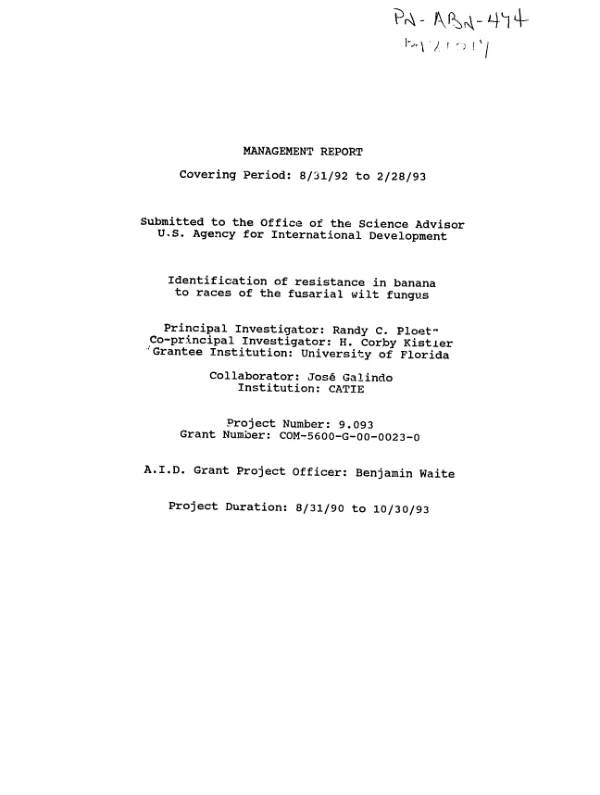 Management report covering period : 8/31/92 to 2/28/93 -- identification of resistance in banana to races of the fusarial wilt fungus