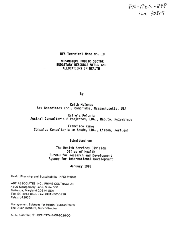 Mozambique public sector budgetary resource needs and allocations in health