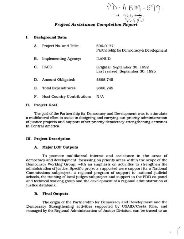 Project assistance completion report [: 596-0177 partnership for democracy and development] -- ILANUD