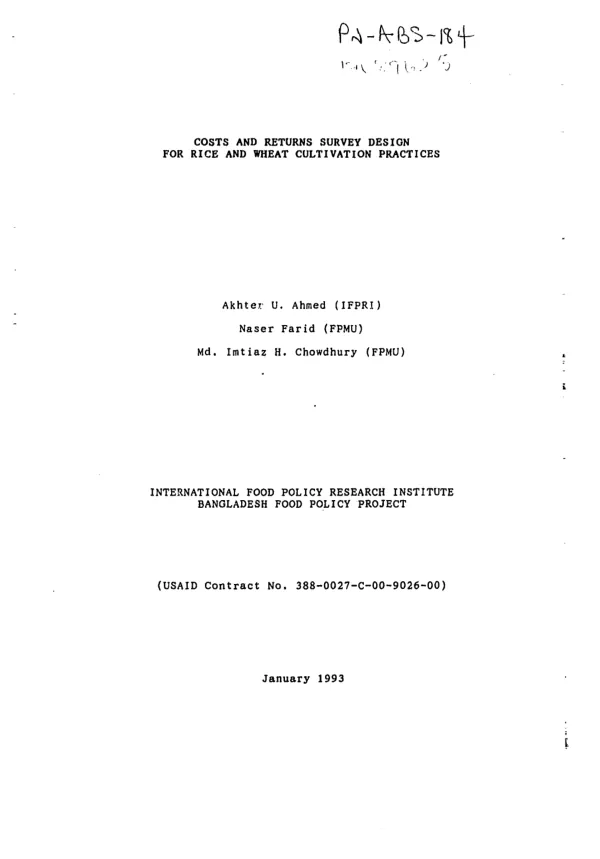 Costs and returns survey design for rice and wheat cultivation practices