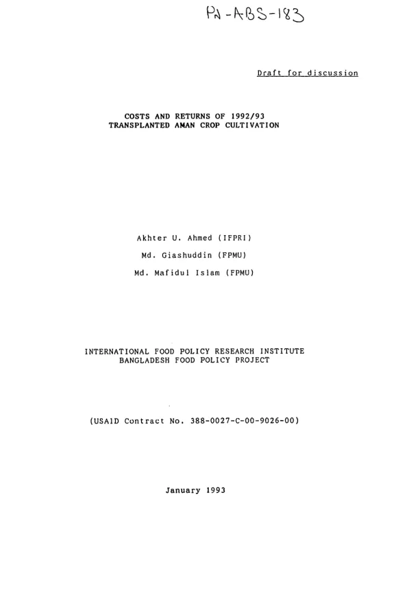 Costs and returns of 1992/93 transplanted Aman crop cultivation
