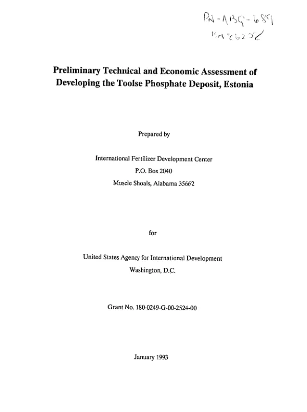 Preliminary technical and economic assessment of developing the Toolse phosphate deposit, Estonia