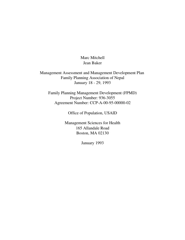 Management assessment and management development plan : Family Planning Association of Nepal -- January 18-29, 1993