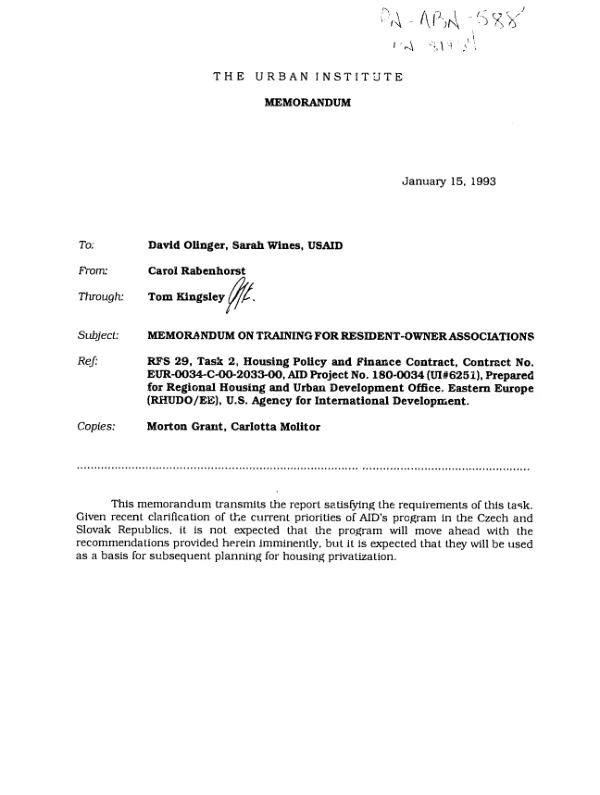 Status of housing privatization and proposed training plan for resident - owner associations in the Czech Republic and Slovakia