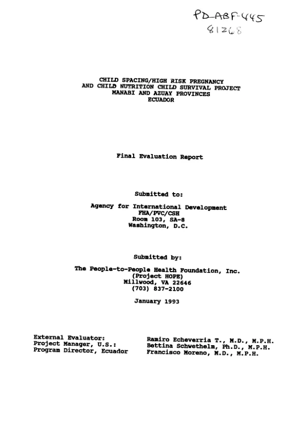 Child spacing/high risk pregnancy and child nutrition child survival project, Manabi and Azuay Provinces, Ecuador : final evaluation report