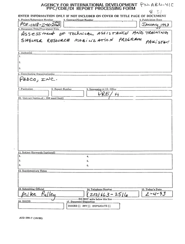 Assessment of technical assistance and training : shelter resource mobilization program -- Pakistan