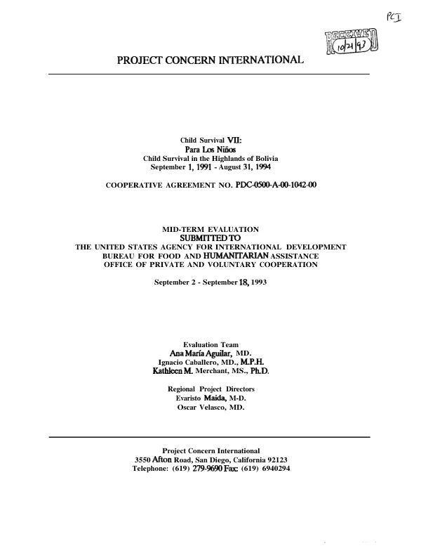 Child survival VII : Para los Ninos -- child survival in the highlands of Bolivia : September 1, 1991-August 31, 1994 -- cooperative agreement no. PDC-0500-A-00-1042-00 : mid-term evaluation