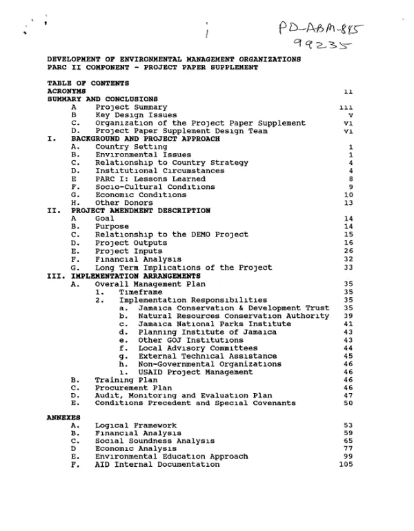 Development of environmental management organizations (DEMO) : PARC [protected area resources conservation project] II component -- project paper supplement [amendment]