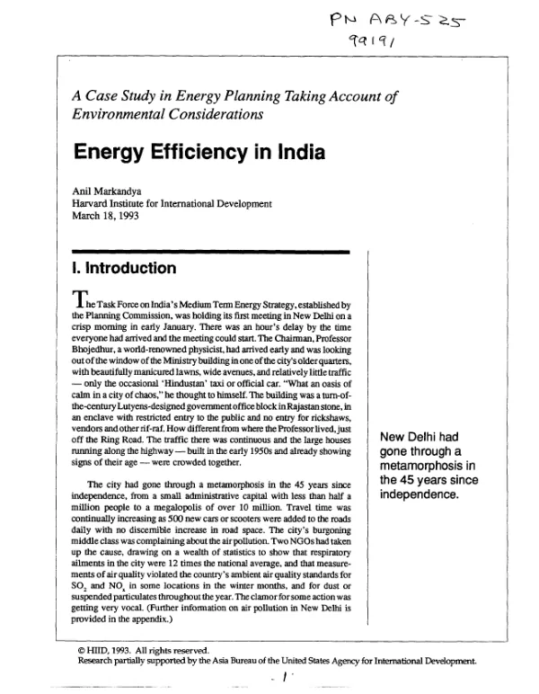 Case study in energy planning taking account of environmental considerations : energy efficiency in India