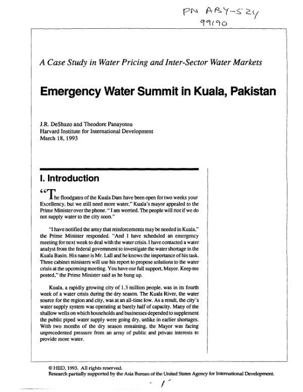 Case study in water pricing and inter-sector water markets : emergency water summit in Kuala, Pakistan
