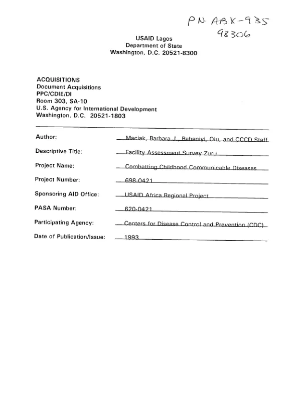 Facility assessment survey : Zuru -- equipment/supplies, vaccines, and ORS availability at health facilities