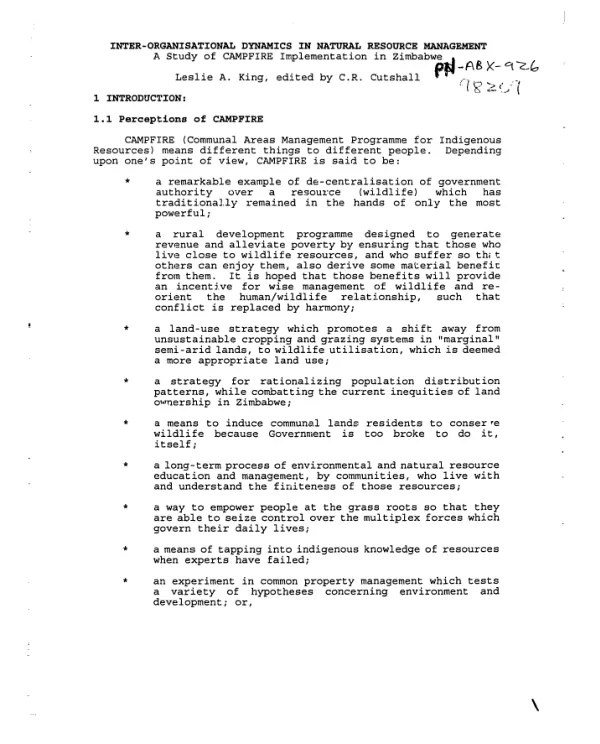 Inter-organisational dynamics in natural resource management : a study of CAMPFIRE [communal areas management programme for indigenous resources] implementation in Zimbabwe