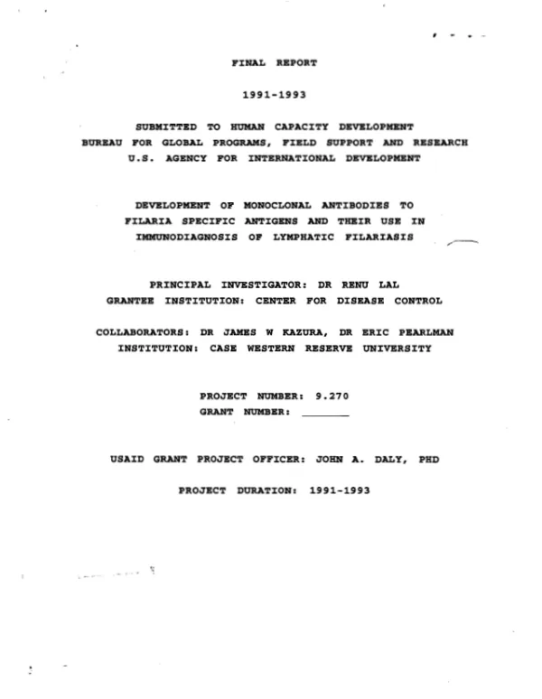 Final report -- 1991-1993 : development of monoclonal antibodies to filaria specific antigens and their use in immunodiagnosis of lymphatic filariasis