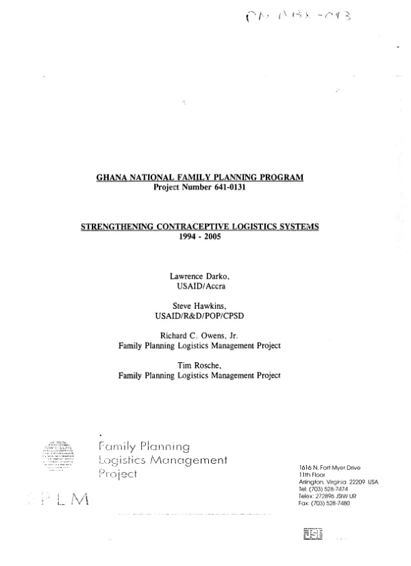 Ghana national family planning program, project number 641-0131 : strengthening contraceptive logistics systems, 1994-2005