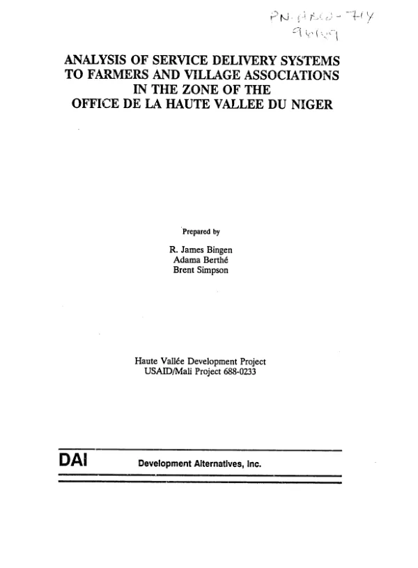 Analysis of service delivery systems to farmers and village associations in the zone of the Office de la Haute Vallee du Niger
