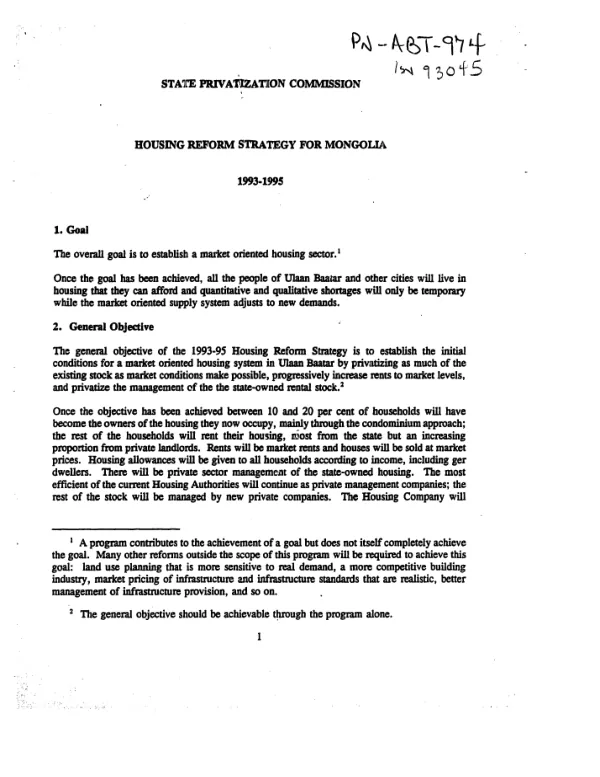 State Privatization Commission : housing reform strategy for Mongolia, 1993-1995