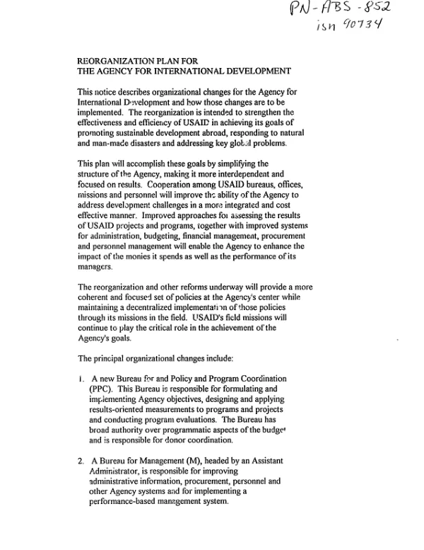 Reorganization plan for the Agency for International Development