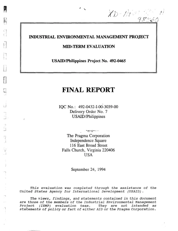 Industrial environmental management project : mid-term evaluation -- USAID/Philippines project no. 492-0465