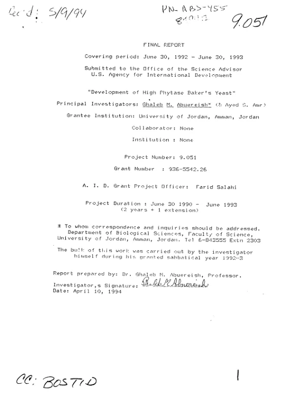 Final report covering period : June 30, 1992-June 30,1993 -- development of high phytase baker"s yeast