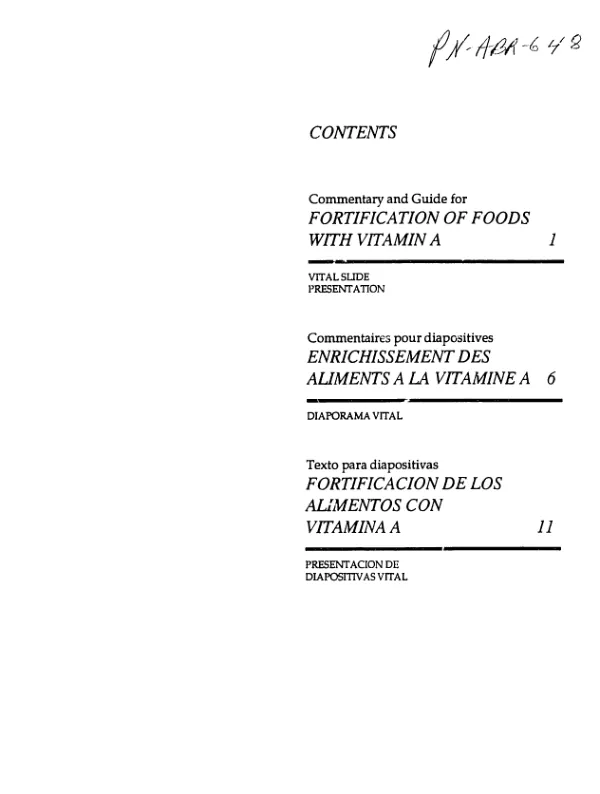 Fortification of foods with vitamin A : VITAL slide presentation = Enrichissement des aliments avec la vitamine A : diaporama VITAL = Fortificacion de los alimentos con vitamina A : presentacion de diapositivas VITAL
