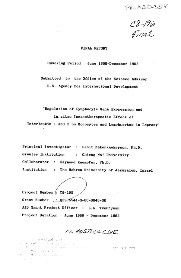 Final report covering period June 1988-December 1992 : regulation of lymphocyte gene expression and In vitro immunotherapeutic effect of interleukin 1 and 2 on monocytes and lymphocytes in leprosy