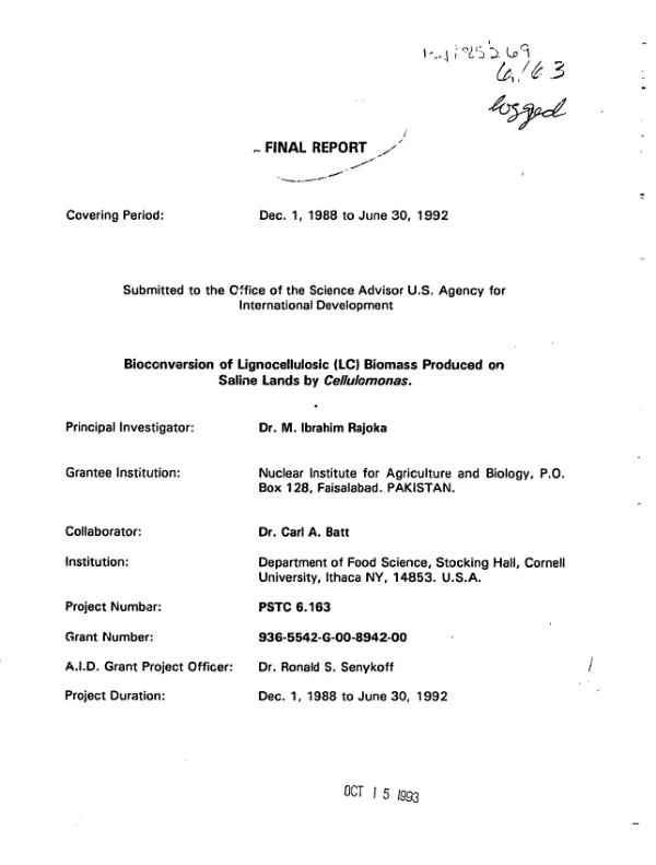 Final report : Dec. 1, 1988 to June 30, 1992 -- bioconversion of Lignocellulosic (LC) biomass produced on saline lands by Cellulomonas