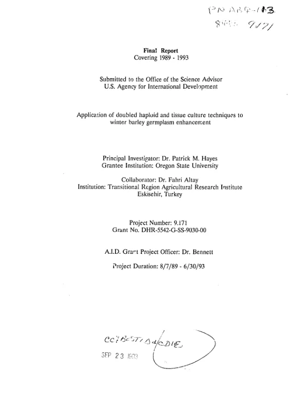 Final report covering 1989-1993 : application of doubled haploid and tissue culture techniques to winter barley germplasm enhancement