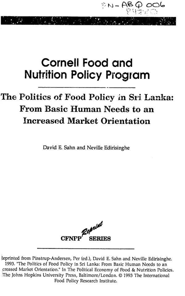 Politics of food policy in Sri Lanka : from basic human needs to an increased market orientation