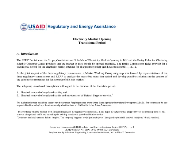 BiH REAP: Electricity Market Opening: Transitional Period