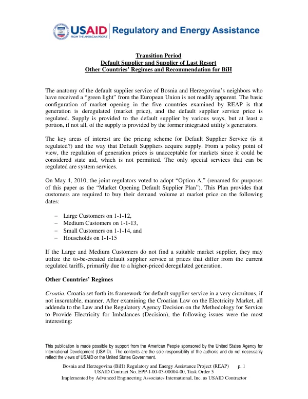 Transition Period - Default Supplier and Supplier of Last Resort: Other Countries’ Regimes and Recommendation for BiH
