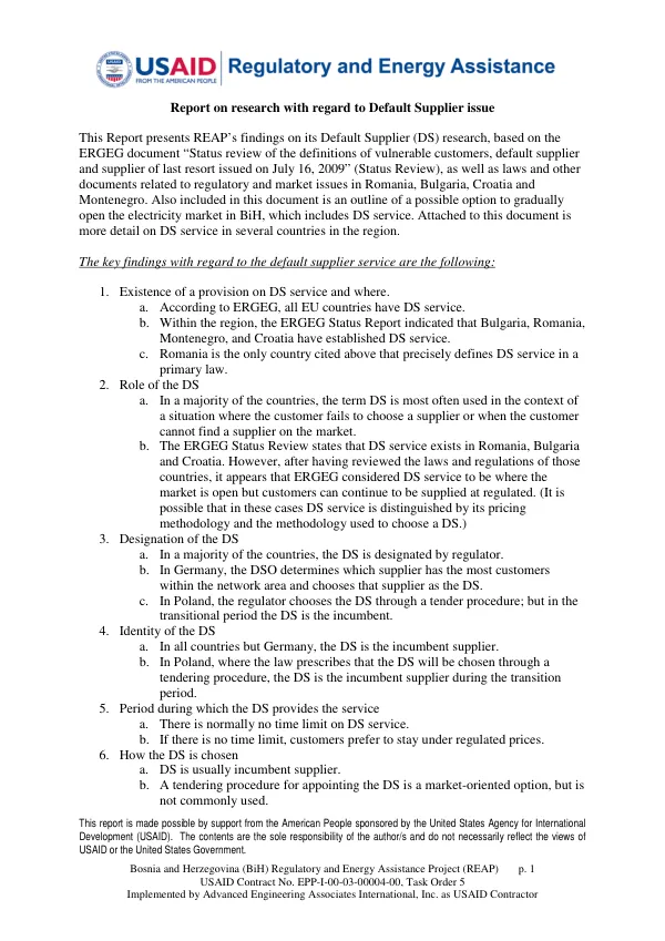 BiH REAP Report on Research with regard to Default Supplier Issue
