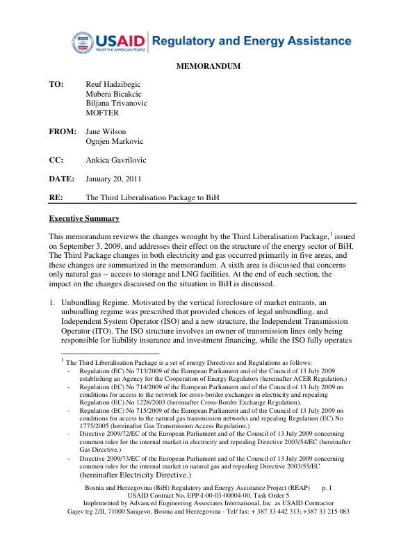 BiH REAP Memorandum: The Third Liberalisation Package to BiH