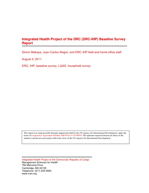 Integrated Health Project of the Democratic Republic of Congo (DRC-IHP) Baseline Survey Report