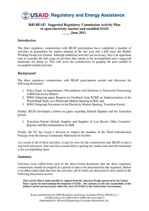 BiH REAP: Suggested Regulatory Commission Activity Plan