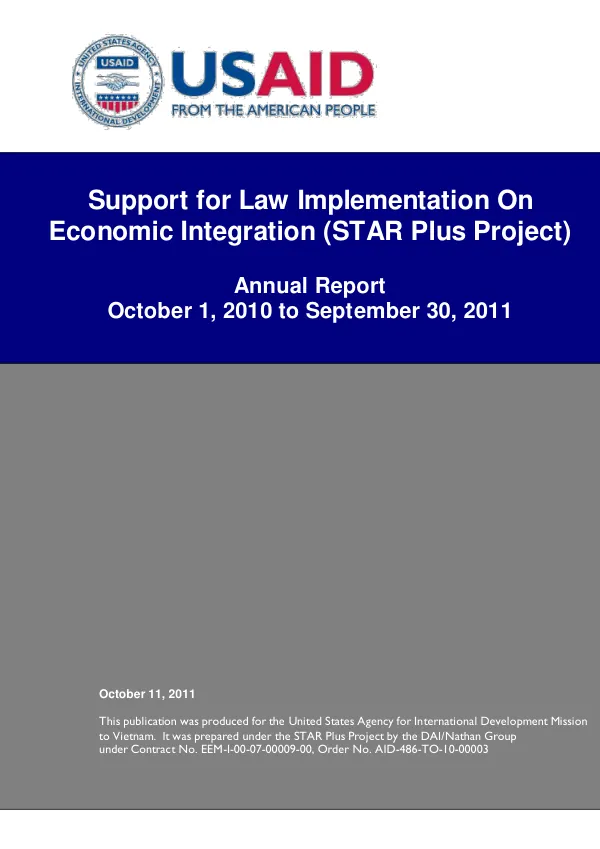 Support for Law Implementation on Economic Integration (STAR Plus Project) Annual Report October 1, 2010 to September 30, 2011
