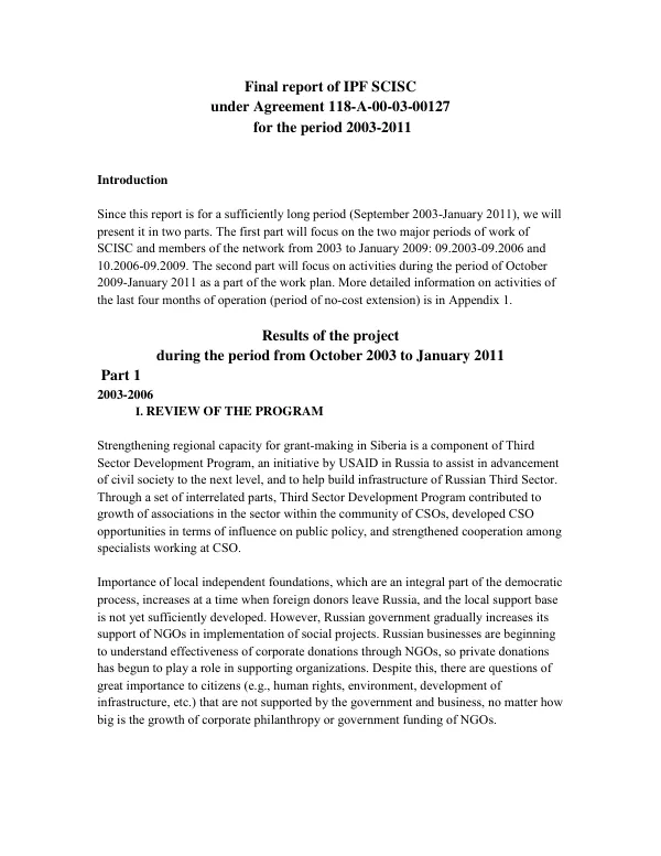 Final report of IPF SCISC under agreement 118-A-00-03-00127 for the period 2003-2011