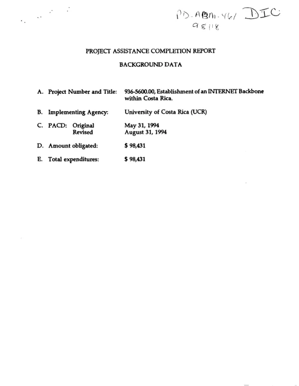 Project assistance completion report : establishment of an Internet backbone with Costa Rica