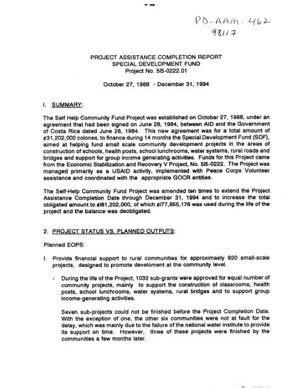 Project assistance completion report : special development fund -- project no. 515-0222.01 : October 27, 1988-December 31, 1994