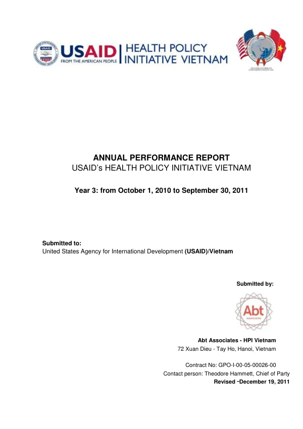 Annual Performance Report - USAID"s Health Policy Initiative Vietnam Year 3: from October 1, 2010 to September 30, 2011