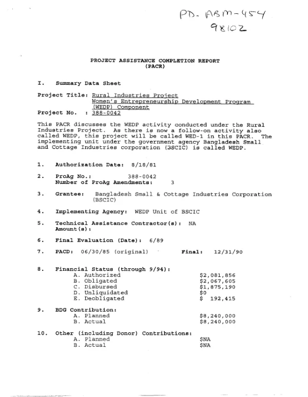 Project assistance completion report (PACR) : rural industries project -- women's entrepreneurship development program (WEDP) component