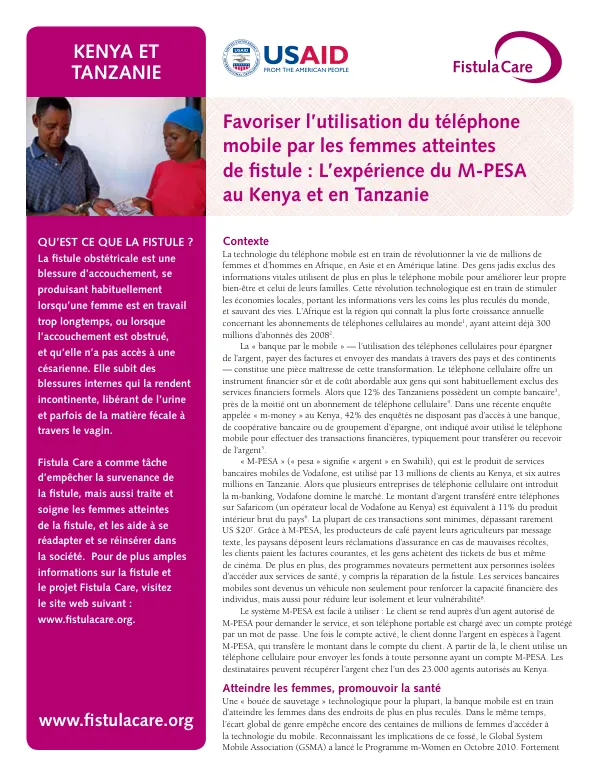 Favoriser l’utilisation du téléphone mobile par les femmes atteintes de fistule : L’expérience du M-PESA au Kenya et en Tanzanie