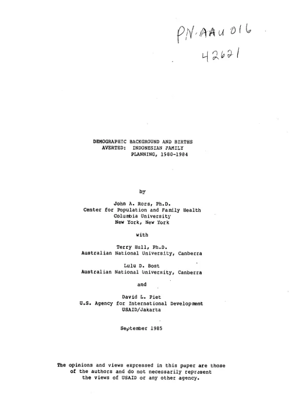 Demographic background and births averted : Indonesian family planning, 1980-1984