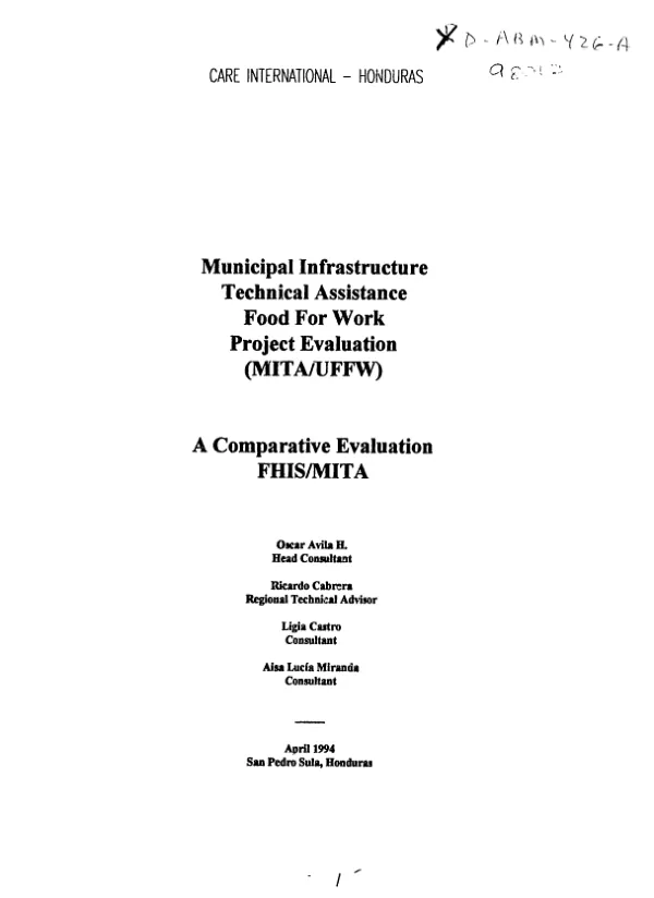 Municipal infrastructure technical assistance Food for Work project evaluation (MITA/UFFW) : a comparative evaluation FHIS/MITA