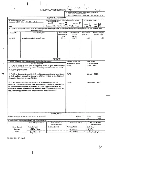 Family Life Association of Swaziland : endowment fund grant agreement 645-0237-G-SS-0213-00 [i.e. 645-0237-G-SS-2013-00] -- final evaluation