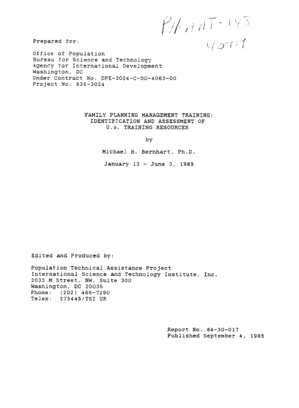Family planning management training : identification and assessment of US training resources